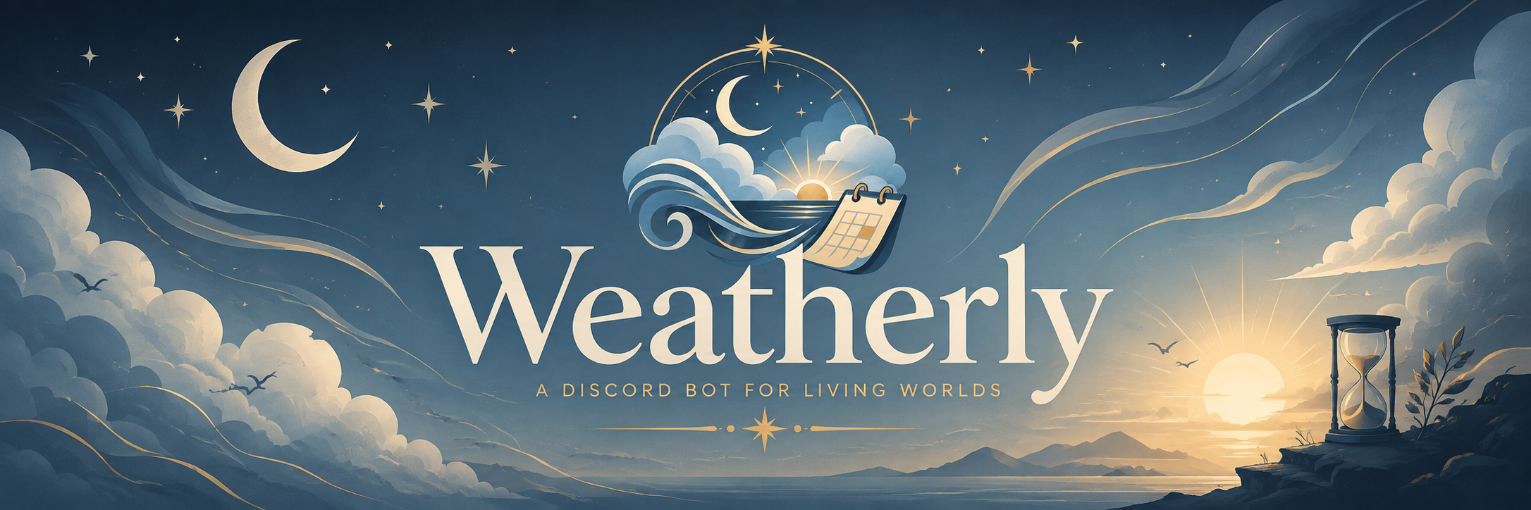 Weatherly illustrated sky with moon, clouds, sunrise, and hourglass